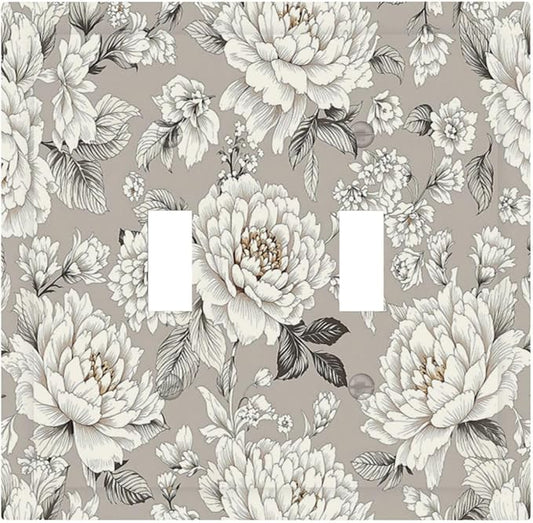 White Poppies Floral Modern Grey Peonies Flowers Decorative Switch Plates 2 Gang Double Toggle Outlet Light Switch Cover Wall Plate Electrical Faceplate for Bedroom Bathroom Decor