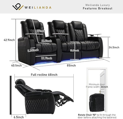 Weilianda Home Theater Seating Top Grain Leather Zero Gravity Recliner Chair Power Headrest Recline Movie Seat Gaming 7 Colors Mood Light Sofa with Tray Table USB Charge Row of 3 Loveseat Right Black