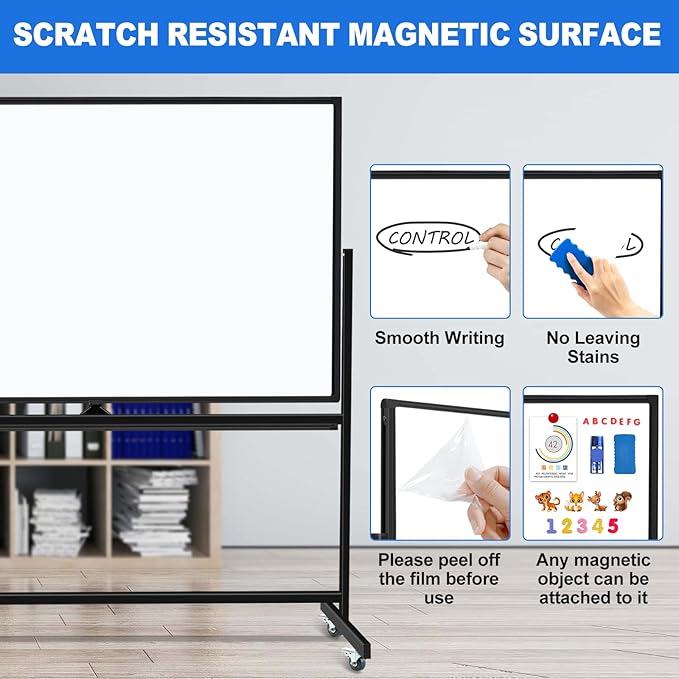 Large Dry Erase White Board with Rolling Stand 72"x48" Double-Sided Mobile Magnetic Whiteboard on Wheels, Including 3 Magnetic Erasers, 7 Markers, 30 Magnets