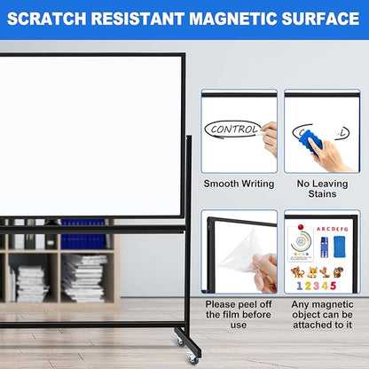 Large Dry Erase White Board with Rolling Stand 72"x48" Double-Sided Mobile Magnetic Whiteboard on Wheels, Including 3 Magnetic Erasers, 7 Markers, 30 Magnets