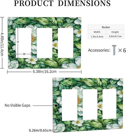 Vintage Floral White Flowers Green Plants Leaves Light Switch Covers 3 Gang Rocker Decorative Triple Outlet Wall Plate Cover Electrical GFCI Switchplate for Bedroom Bathroom Decor
