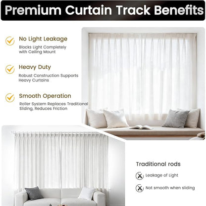 Aluminum 9 ft–12 ft Ceiling Curtain Track Set with 3 Types of Hooks, Adjustable Ceiling/Wall Mount Room Divider Curtain Rail System, White