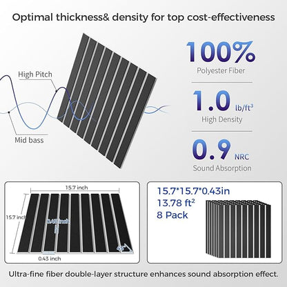 8 Pack 2-Layer Large Soundproof Wall Panels, 15.7 x 15.7 x 0.43 in Sound Proof Foam Panels for Walls, 0.9lb/ft³ High Density, 3D Acoustic Panels,Artistic Noise Dampening Panels Black&White