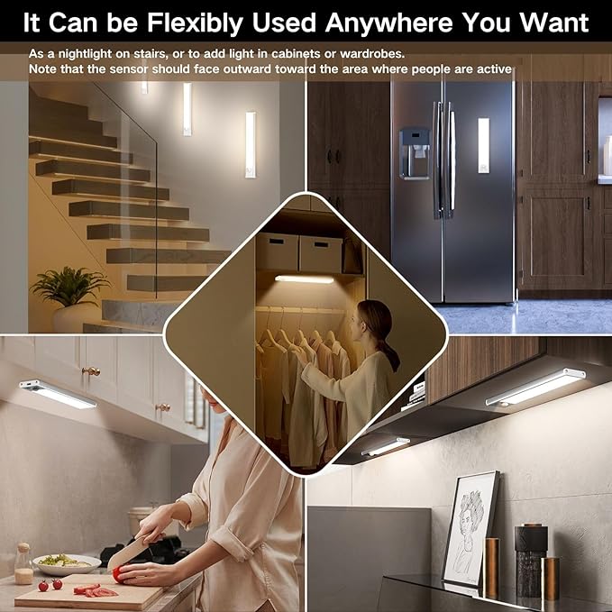 Motion Sensor Under Cabinet Lighting-Magnetic Rechargeable Closet Lights for Kitchen,Stairs,Wardrobe | 3-Color Dimmable LED Under Counter Lighting | Pro Battery Upgrade (2, 8 inch)