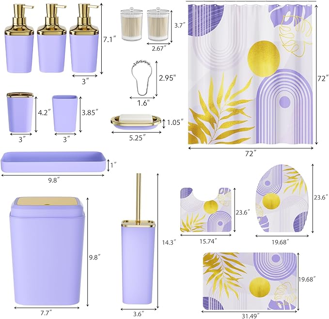 Bathroom Set - Bathroom Sets with Shower Curtain and Rugs, Bathroom Accessory Set, Purple Bathroom Accessories Set with Trash Can, Toilet Brush and Soap Dispensers