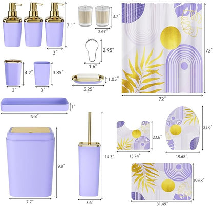 Bathroom Set - Bathroom Sets with Shower Curtain and Rugs, Bathroom Accessory Set, Purple Bathroom Accessories Set with Trash Can, Toilet Brush and Soap Dispensers