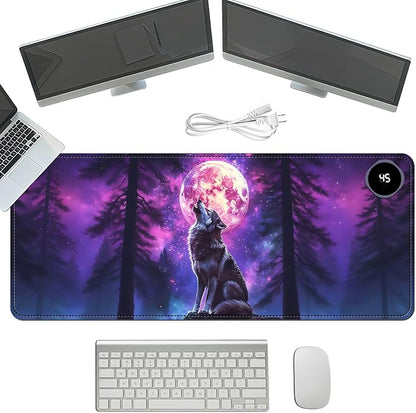 Heated Mouse Pad with 3 Temperature Settings(104°F–122°F),Large 31.5x13 Inch PU Leather Heated Desk Mat,Waterproof Warming Pad for Office,Gaming & Cold Hands Relief,Moon Wolf Howling