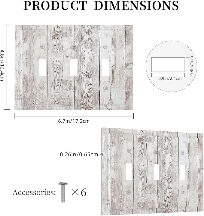 Decorative Switch Plates Rustic Vintage White Wood Grain 3 Gang Wall Plate Triple Toggle Light Switch Cover Faceplate Electrical Wall Panels for Farmhouse Home Decor