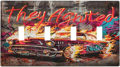 Light Switch Covers Hip Hop Street Graffiti Flame Car Quad Toggle Electrical Faceplate 4 Gang Wall Plate Decorative Switch Plates for Bedroom living Room Decor