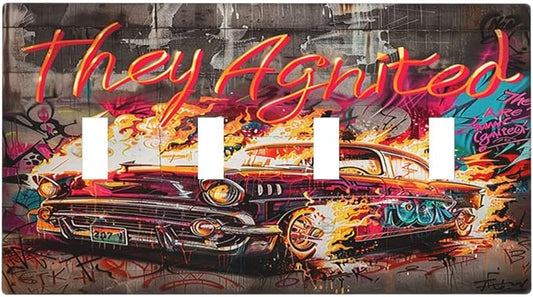 Light Switch Covers Hip Hop Street Graffiti Flame Car Quad Toggle Electrical Faceplate 4 Gang Wall Plate Decorative Switch Plates for Bedroom living Room Decor