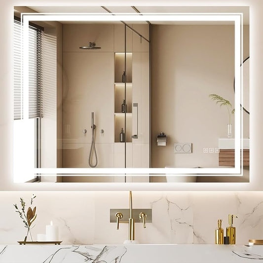 40x30 LED Mirror for Bathroom with Front and Backlit Light Up Digital Mirrors for Wall,Anti Fog,Stepless Dimmable,Tempered Silver Glass Smart Vanity Mirror for Bathroom