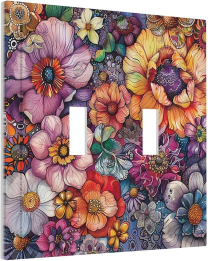 Decorative Switch Plates Colorful Bohemian Flowers Vintage Boho Floral 2 Gang Double Toggle Outlet Light Switch Cover Wall Plate Electrical Faceplate for Bed Room living Room Decor