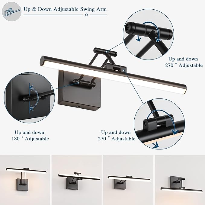 Joossnwell LED Picture Lights for Paintings Dimmable 15.5 Inch Long Hard-Wired Art Lights for Paintings Black Gallery Light with Adjustable Swing Arm Artwork Display Lamps 7W 3000K Warm White