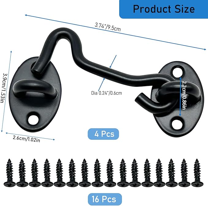4-Pack 3Inch Door Lock Gate Latch Premium Stainless Steel Hook and Eye Gate Latch Cabin Hook with 16pcs Screws, Black