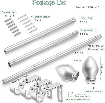 Curtain Rods for Windows 16 to 120 inches, Curtain Rod Max Adjustable Length to 132 in, Drapery Rod 1 inch Diameter with Modern Knobs Finials (Satin Silver, 16" to 120" - Set of 2)