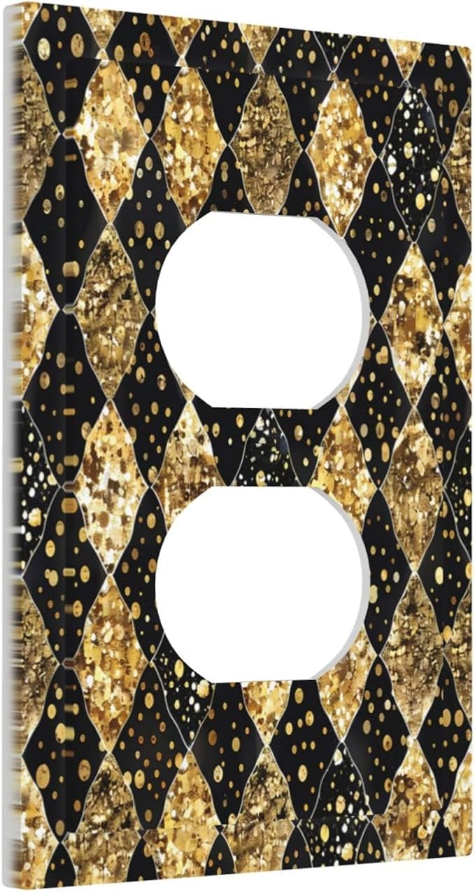 Gold Black Marble Geometric Plaid Glitter Outlet Covers 1 Gang Duplex Light Switch Cover Wall Plate Decorative Switch Plates Electrical Receptacle Faceplate for Bedroom Bathroom Decor