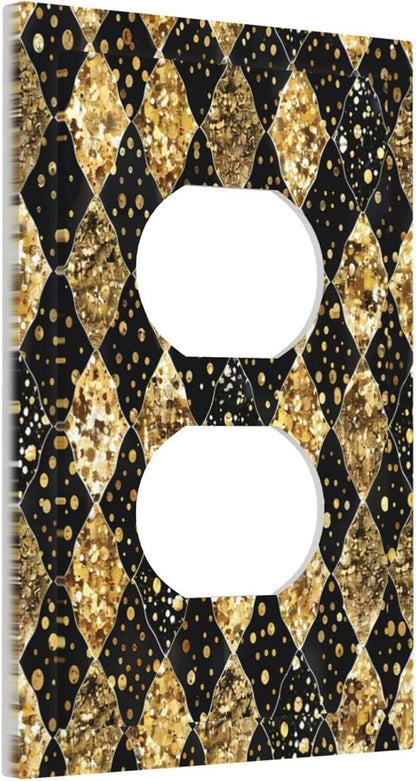 Gold Black Marble Geometric Plaid Glitter Outlet Covers 1 Gang Duplex Light Switch Cover Wall Plate Decorative Switch Plates Electrical Receptacle Faceplate for Bedroom Bathroom Decor