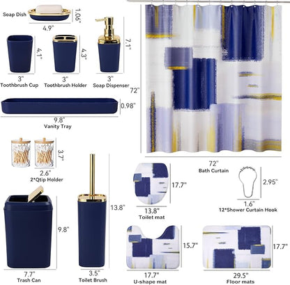 Bathroom Set - Navy Blue and Gold Bathroom Accessories Set, Bathroom Sets with Shower Curtain and Rugs, Blue Shower Curtain Set with Bathroom Trash Can, Soap Dispenser,Soap Dish for Home Decor