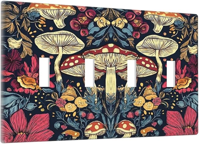 Light Switch Cover Plate Coloful Red Yellow Orange Magical Mushroom Forest 4 Gang Quad Toggle Wall Plate Electrical Outlet Cover Decorative Switch Plate Covers for Bedroom Home Decor