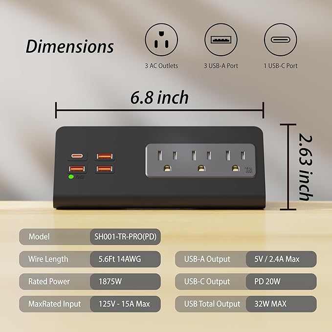 Power Charge Station Edge clamp Mount with USB-C Ports，Tabletop Surge Protector, Desk Clamp Power Sockets with 3 AC Outlets and 4 Fast Charging USB Ports for Home Office Hotel and Dormitory (Black)