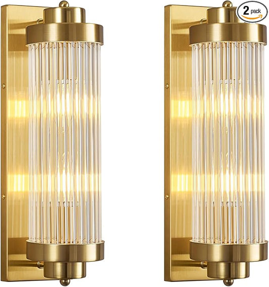 Gold Wall Sconces Set of Two with Crystal Glass Strip Bathroom Sconces Modern Wall Lights for Bedroom Living Room Hallway Wall Light Fixtures, 2 Light E12 Base