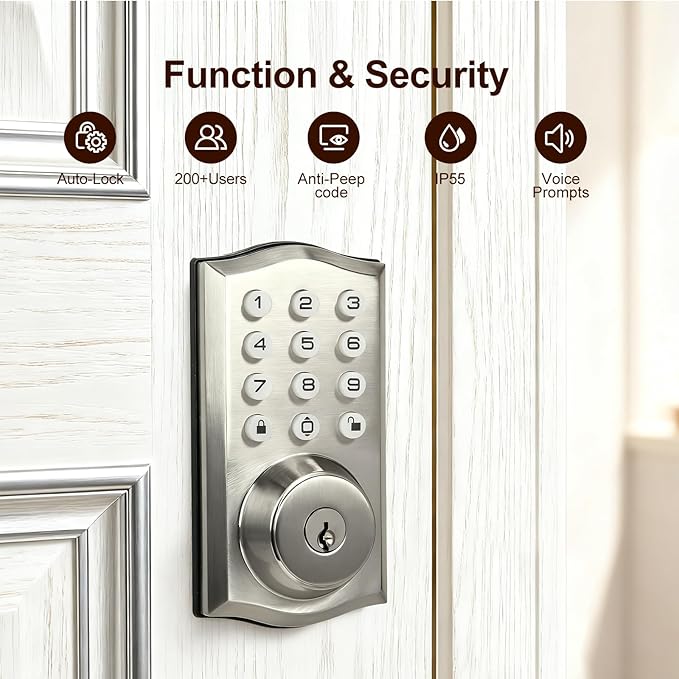 Keyless Entry Door Lock with Keypad, Auto Lock, Voice Prompt, Smart Deadbolt Lock for Front Door with Key, Satin Nickel – Easy Installation, IP55 Waterproof