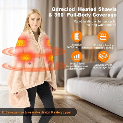 Cordless Heated Blanket Battery Operated with Fleece Lining 7.4V 16000mAh Battery Portable Wearable Heated Shawl for Women Men 6 Heating Zones 3 Fast-Heating Levels (Battery Included)