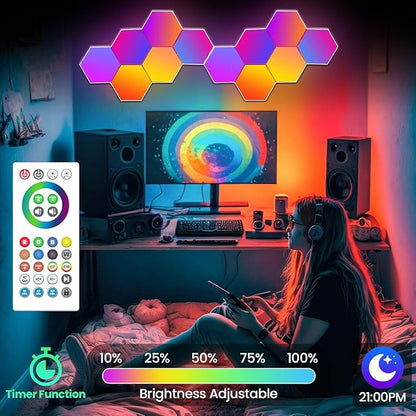 12-Pack RGB Hexagon Wall Panels - Hexagon Lights with APP & Remote-Control, Cool Music Sync - Multicolor 12PCS for Gaming Room, Living Room & Bedroom