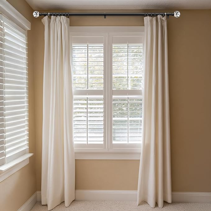 Ceramic Black Curtain Rods for Windows 72 to 144 Inches Adjustable Length Heavy Duty 1" Diameter Window Curtain Rod with Modern Leaf Pattern Decorative Finials for White-themed Bedroom Living Room