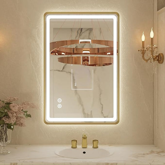 24x32 Inch LED Bathroom Mirror with Round Corner Gold Framed, Lighted Vanity Mirrors with Lights, Front Light and Backlit, Stepless Dimmable, Anti-Fog, Memory, 3 Colors Wall-Mounted Mirrors
