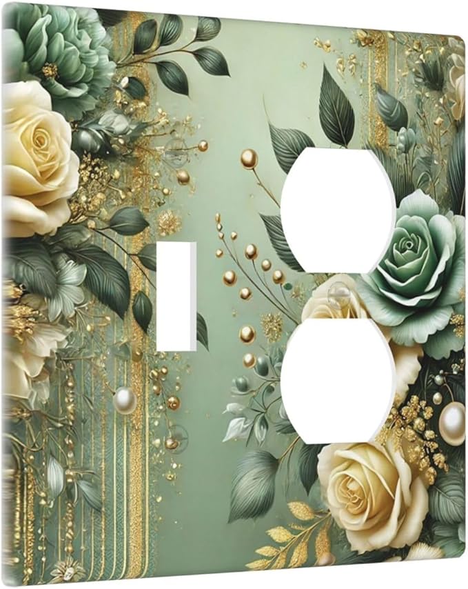 Decorative Outlet Covers Rustic Green Floral Leaves Teal Flowers Gold Stripe 2 Gang Wall Plate Cover Single Toggle Duplex Combo Two Switch Light Switch Cover Plate Faceplate