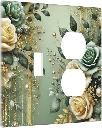 Decorative Outlet Covers Rustic Green Floral Leaves Teal Flowers Gold Stripe 2 Gang Wall Plate Cover Single Toggle Duplex Combo Two Switch Light Switch Cover Plate Faceplate
