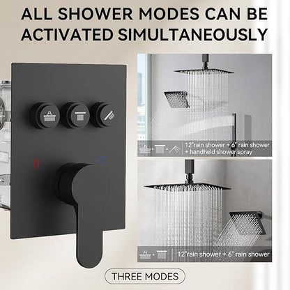 Shower Faucet Set, 12" Shower System with Rain Shower and Handheld, Ceiling Mount Dual Head Can Run All Together For Two People, 3 Way Shower Valve with 5 Diverter Complete, Matte Black