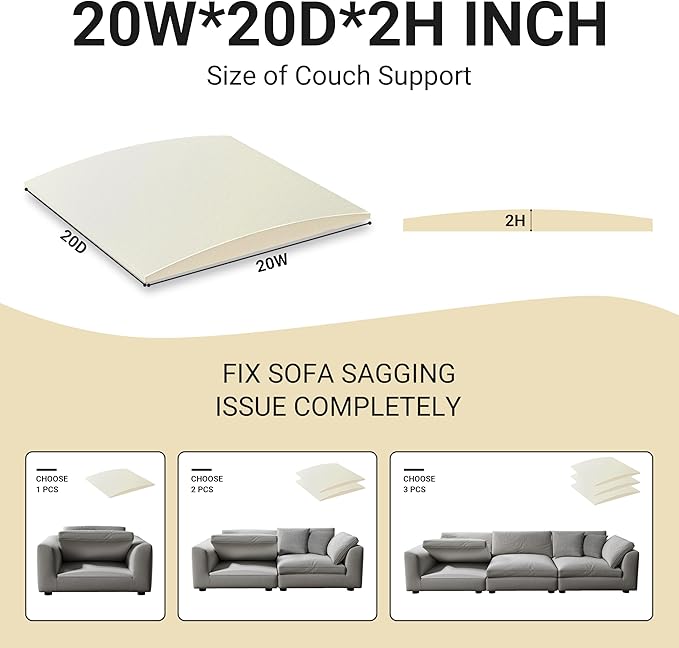 Couch Cushion Support for Sagging Seat, High Density Foam Sofa Support Replacement for Furniture, Curved Couch Supporter for Under The Cushions, Beige Set of 3