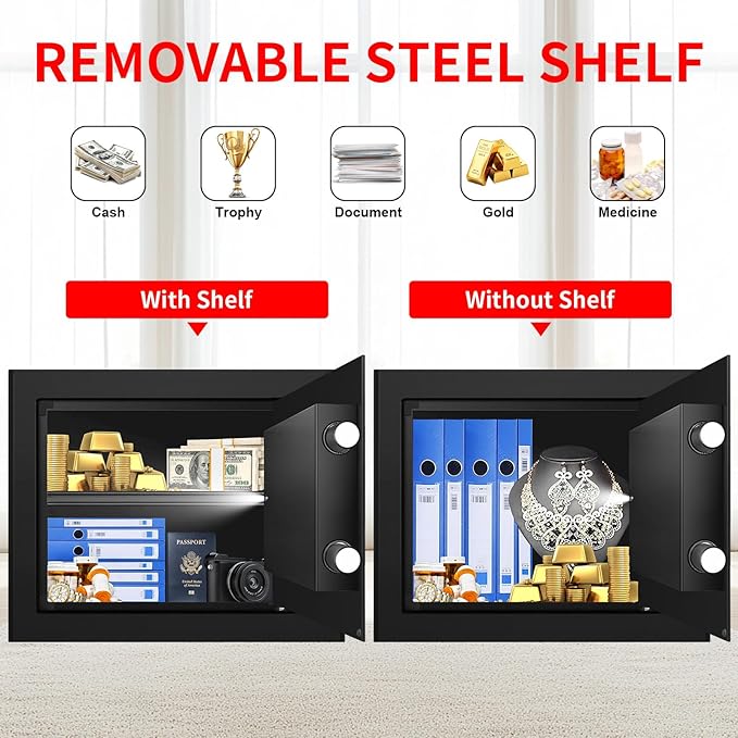 1.8 Cuft Small Fireproof Safe for Home Use, Safe Box Fireproof Waterproof with Programmable Keypad, Spare Keys and Removable Shelf, Digital Home Security Safety Box for Money Documents Medicines