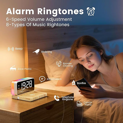 Alarm Clocks for Bedrooms with Wireless Charger Station, Bluetooth Speaker, Woodgrain, White Noise Sound Machines, RGB Night Lights, Ideal Gift for Adult Man Women Teen Girls Boys