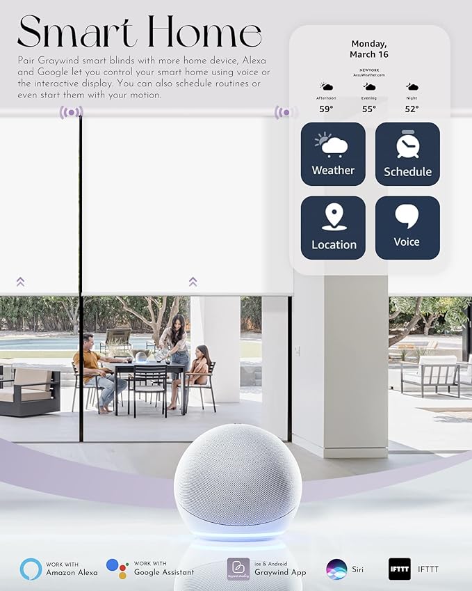 Graywind Motorized Light Filtering Shades Compatible with Alexa Google Rechargeable Remote Control Smart Blinds Automatic Window Shade with Valance for Home Office, Custom Size (Sheer White)