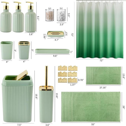 32PCS Bathroom Accessories Set Bathroom Set,Green Shower Curtain Set,Bath Towel Set,Hand Towel,Toilet Brush,Trash Can & 3PCS Soap Dispenser