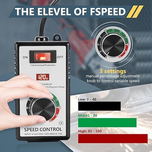 AC Motor Speed Controller 100V-120V 15A Max Variable Fan Speed Controller, Electronic Voltage Regulator for Electric Motors with Electronic Voltage Regulator & LED Display, and Overload Protection