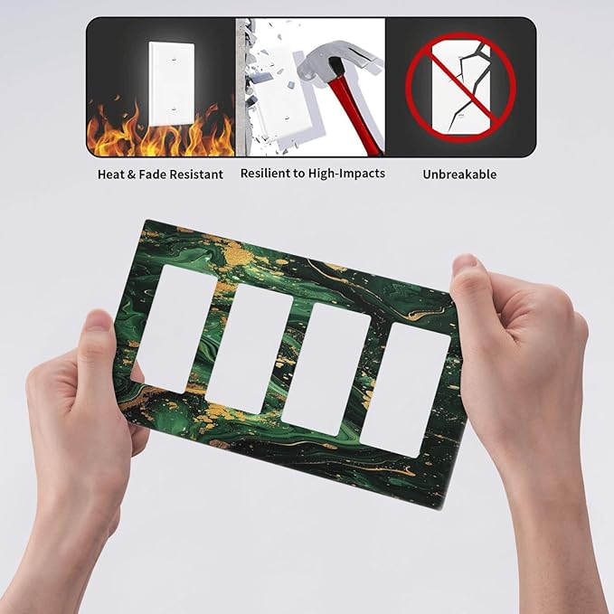Green/Gold Modern Abstract Luxury Marble 4 Gang Wall Plates Outlet Covers Quad Rocker Light Switch Cover Plate Decorative Switch Plates GFCI Electrical Faceplate for Bathroom Bedroom 4.5 X 8 IN