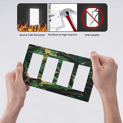Green/Gold Modern Abstract Luxury Marble 4 Gang Wall Plates Outlet Covers Quad Rocker Light Switch Cover Plate Decorative Switch Plates GFCI Electrical Faceplate for Bathroom Bedroom 4.5 X 8 IN