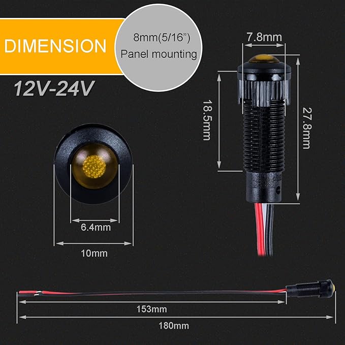 5pcs 8mm LED Indicator Light Plastic Black Signal Dot Lamp 12V-24V 5/16" Mounting Hole Size with 15cm/5.9in. Wire (Yellow LED)