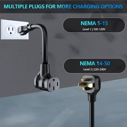 40 amp EV Charger Level 2 & 1 Portable EV Charging Station with 25FT Cable, 240V, NEMA 14-50 Plug with SAE J1772 Fast Charging for Indoor/Outdoor(with Tesla Adapter & NEMA 5-15 Plug)