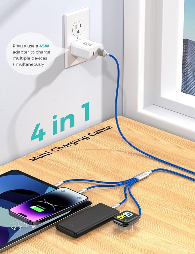 Travel Essentials,4 in 1 for Apple Watch Charger/iPhone Charger/Multi Charging Cable,Vacation RV Camping Essentials,USB C/L/Micro Portable Charger for iWatch 11-1/iPhone 17-12,Car&Gift-Blue