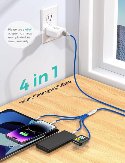 Travel Essentials,4 in 1 for Apple Watch Charger/iPhone Charger/Multi Charging Cable,Vacation RV Camping Essentials,USB C/L/Micro Portable Charger for iWatch 11-1/iPhone 17-12,Car&Gift-Blue