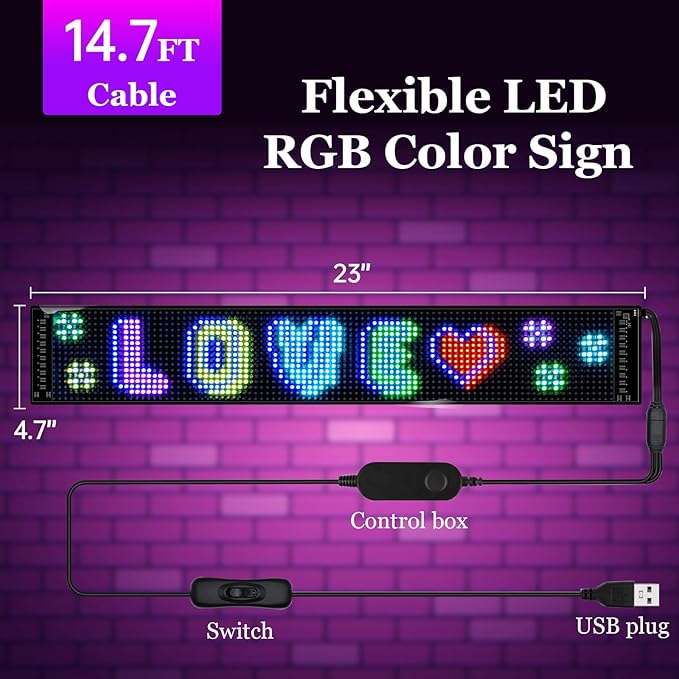 Programmable LED Sign for Business,Flexible Digital Sign,Scrolling LED Sign,Bluetooth APP,DIY Design Animations,Text, Graffiti,Colour (23''x5'')