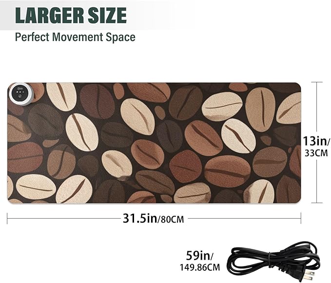 Heated Desk Pad Mouse Pad 31.5x13 Inch PU Leather Desk Mat with 3 Heat Levels Large Mouse Gaming Computer Laptop Mat Brown Vintage Coffee Beans
