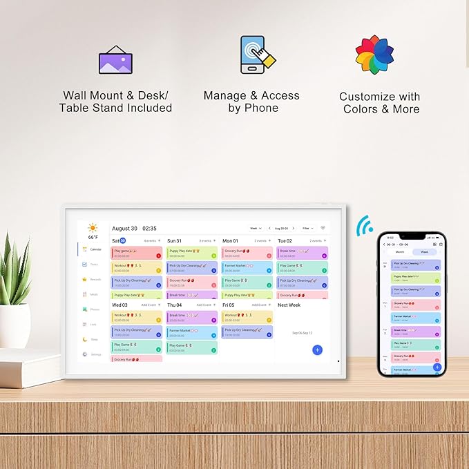 21.5 Inch Digital Calendar, Smart Digital Planner & Chore Chart, IPS FHD 1920x1080 Wall Touch Screen Display for Family Schedules - Share Photos/Videos via App