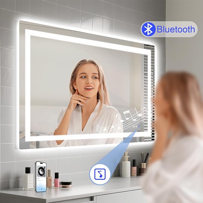 STARLEAD Led-Bathroom-Mirror-with-Lights, 40"x28" Wall-Mounted with 3 Colors Dimmable Light, Bluetooth Speaker, Anti-Fog, Memory, Tempered Glass, Front & Backlit (Horizontal/Vertical)