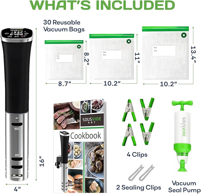 SOUSVIDE ART Sous Vide Immersion Cooker Kit - Machine with Digital Timer, Temp Control, 30 Bags, Vacuum Pump, Suvee Cooker Gift for Chefs